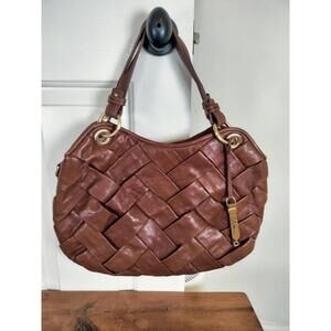 ​Cole Haan Genevieve Weave Large Brown Leather Hobo Shoulder Bag Gold Hardware